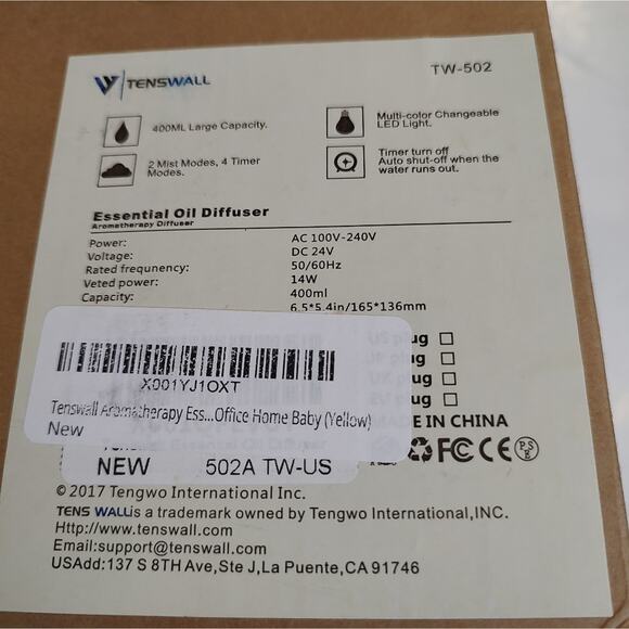 Tenswall Ultrasonic Cool Mist Essential Oil Diffuser NEW - Picture 3 of 6